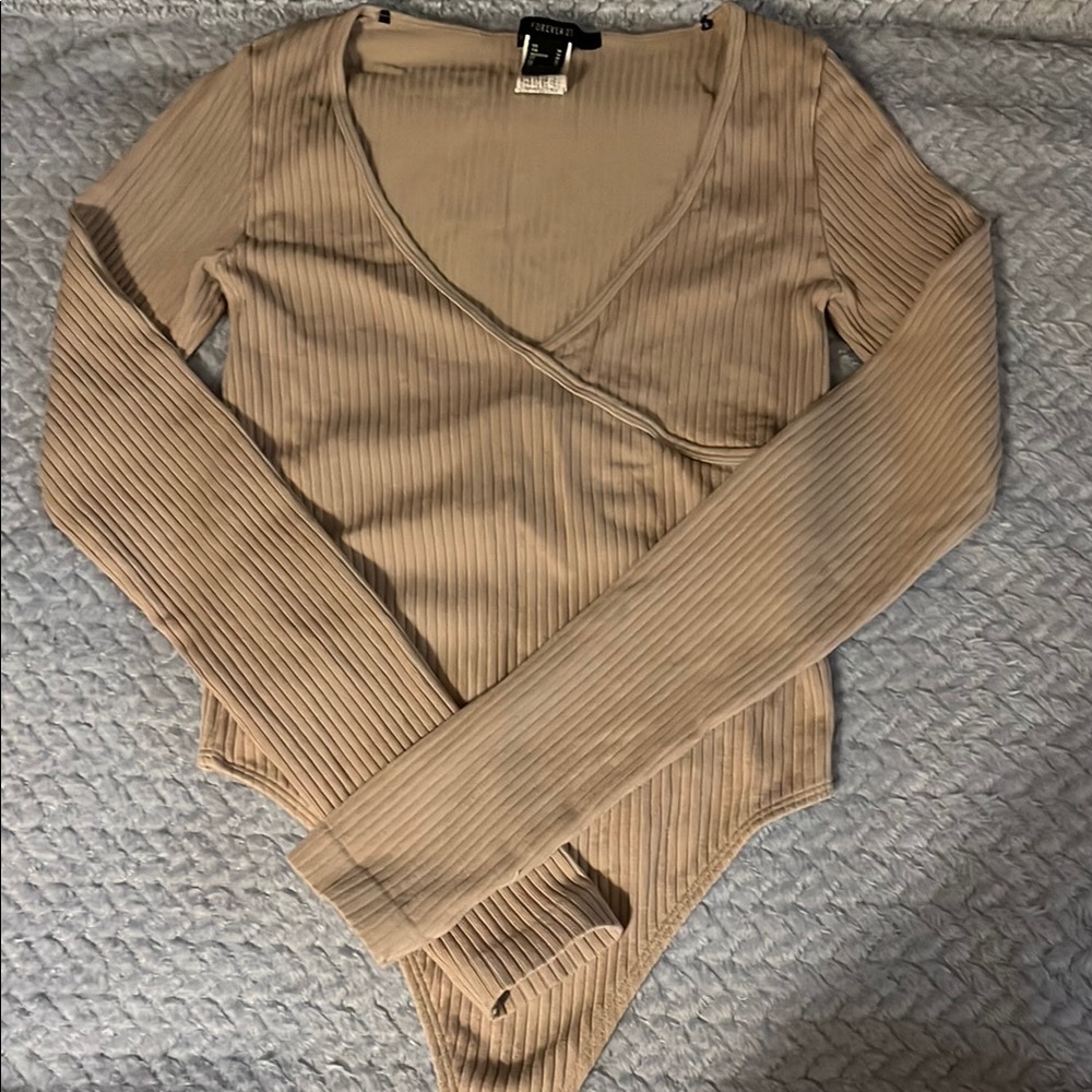 Forever 21 Beige Ribbed V-Neck Bodysuit